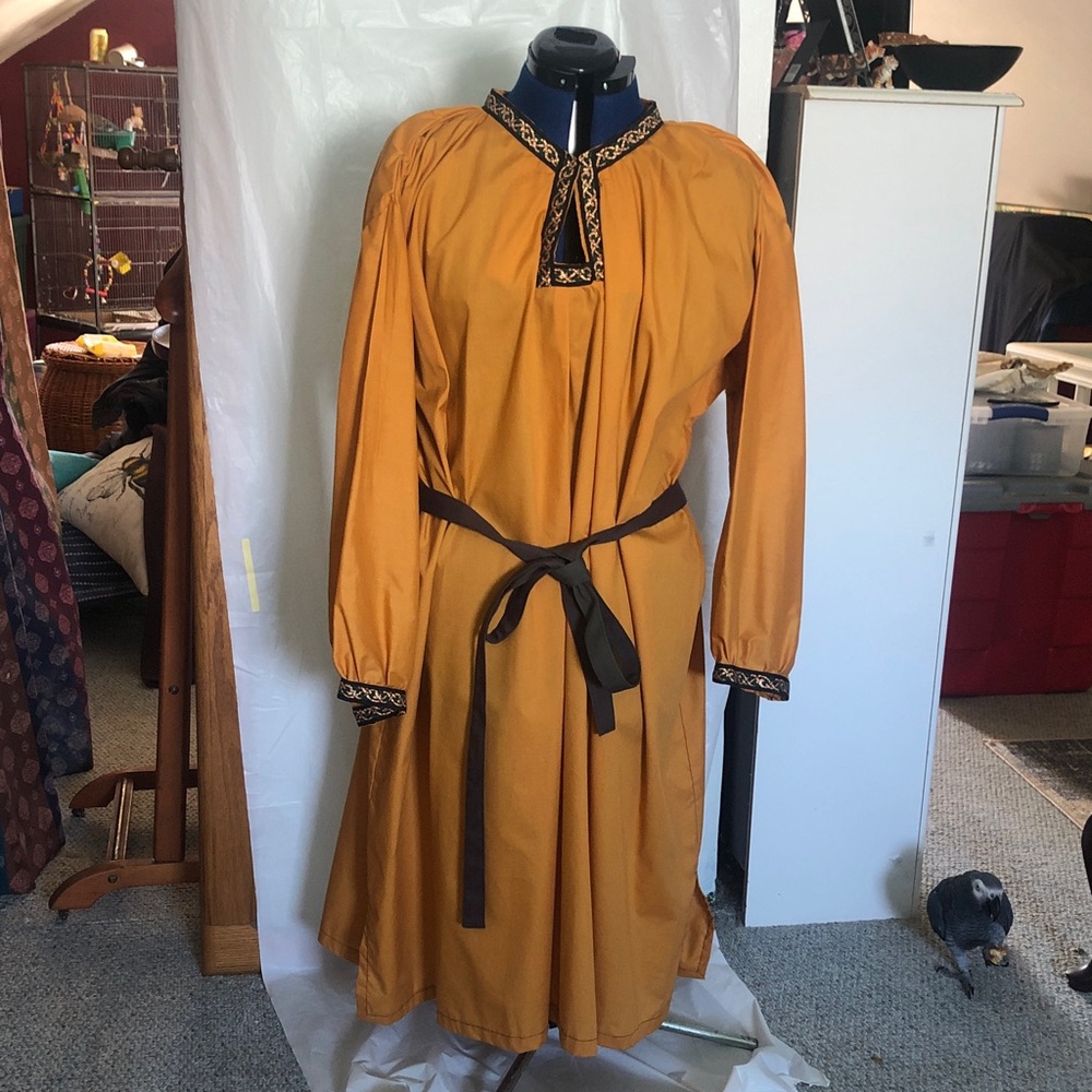 Gothic gown gold cotton with embellished collar and wrists; custom Museum Reprod